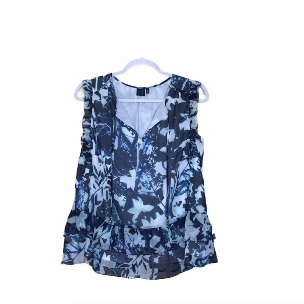 Kaari Blue Womens Size M Sleeveless Tiered Top Ruffle Detail Lined Tie Neck Knit